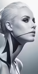 a woman with an arrow painted on her face
