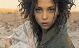 a girl with a frizzy hair stands in a desert