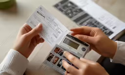 a woman holding onto a camera while looking at a piece of paper