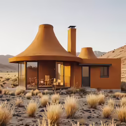 this desert house has a large brown chimney