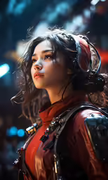 a woman in red is looking towards the right