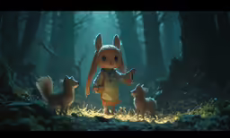 a girl stands with two foxes while looking at the camera