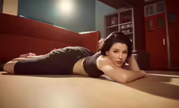 a woman posing on the floor in black lingerie