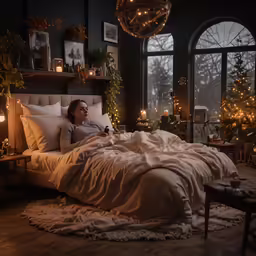 a woman is lying in bed with lights around her