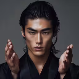 an asian male posing for a photo,a young man in black jacket looking directly into camera