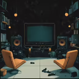 a room with chairs, television and speakers in it