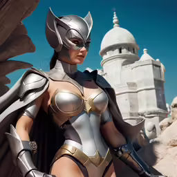 a female in armor is standing in front of some rocks