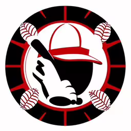 the logo of a baseball team with gloves,a baseball is depicted in this red and black logo