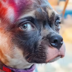an animal with a purple collar has a red spot