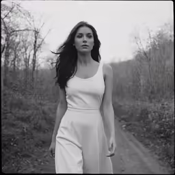 a black and white photo of a woman walking on a road