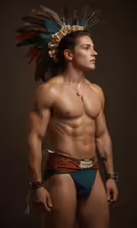 a man with a big brown feather and a ring around his neck