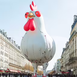 the balloon with the chicken is part of a parade in paris,a very big chicken shaped kite by the city