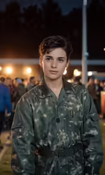 a young boy is in his military uniform