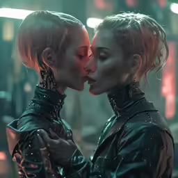 a couple of women kissing next to each other