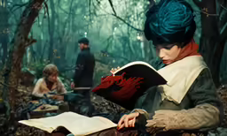 an image of some people sitting in the woods