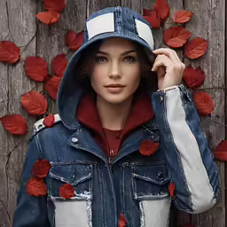a woman in an oversize jean jacket standing next to red flowers