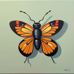 a painted photo of a butterfly,this painting depicts a bright orange butterfly on a pale green background
