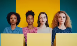 four women are in front of three identical boxes
