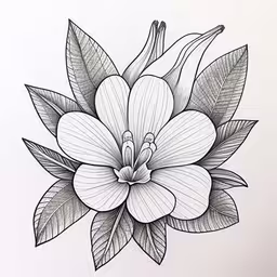 a beautiful flower with lots of leaves and buds,an ink drawing of a flower on a white sheet,a drawing of a flower with large leaves,a flower with a thin stroke on it,a flower with lots of leaves on it