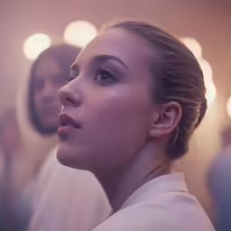 the young woman in a white shirt is looking to her left
