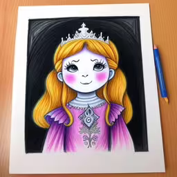 there is a drawing of a pretty princess,a drawing of a little girl with long hair and a crown on her head
