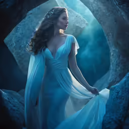 a beautiful woman in blue is walking in the cave