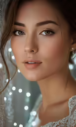 a beautiful woman in a white dress with lights around her
