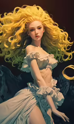 a girl with yellow hair is dressed like a doll