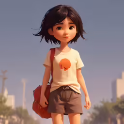 a girl walking down the road with a bag on her shoulder