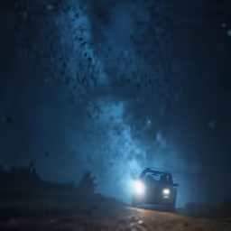 a car driving in the distance with a bunch of stars above it