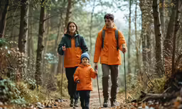 three people walking in a forest with their dogs