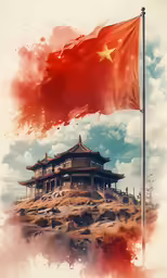 a chinese flag waving next to a pagoda tower