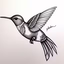 a drawing of a hummingbird flying overhead,a sketch of a humming bird flying through the air