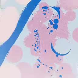 an abstract painting with pink, blue and black colors