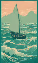 the old fashioned sailboat is sailing on the ocean,a painting of a sail boat sailing over a wave