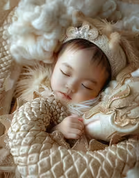 a baby sleeping inside of a basket with furs and bows on it,an infant wearing a white and gold hat sleeping