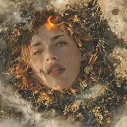 the face of a woman with freckles on her body is peeking through a hole in the ground