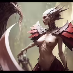 the naked female character in an image is holding her weapon