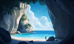 a man standing at the end of a cave with water