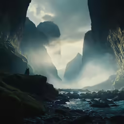 a man sitting at the edge of a rocky stream looking out into the distance