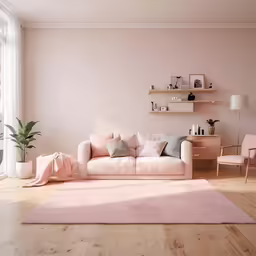the living room is pink, white, and wood