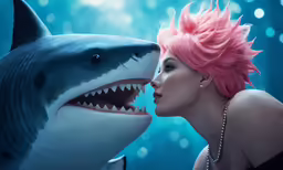 a woman with pink hair is staring at a shark