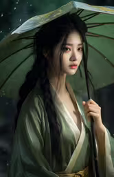 the woman is holding an umbrella while standing in the rain,a geisha standing under an umbrella in the rain