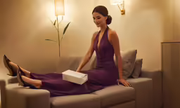 a beautiful woman in a purple dress is sitting on a sofa