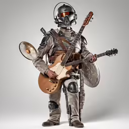 an adult man with a guitar, helmet and boots standing