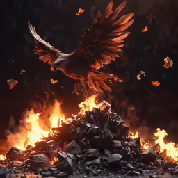 a bird flying next to a pile of rocks on fire