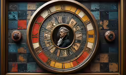 the wall mounted portrait of an old man is featured in a large metal clock