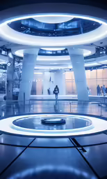 the interior of an airport with people walking around