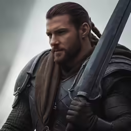 a male in armor holding a sword with a scarf on his arm