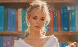 a woman standing in front of a bookshelf filled with books